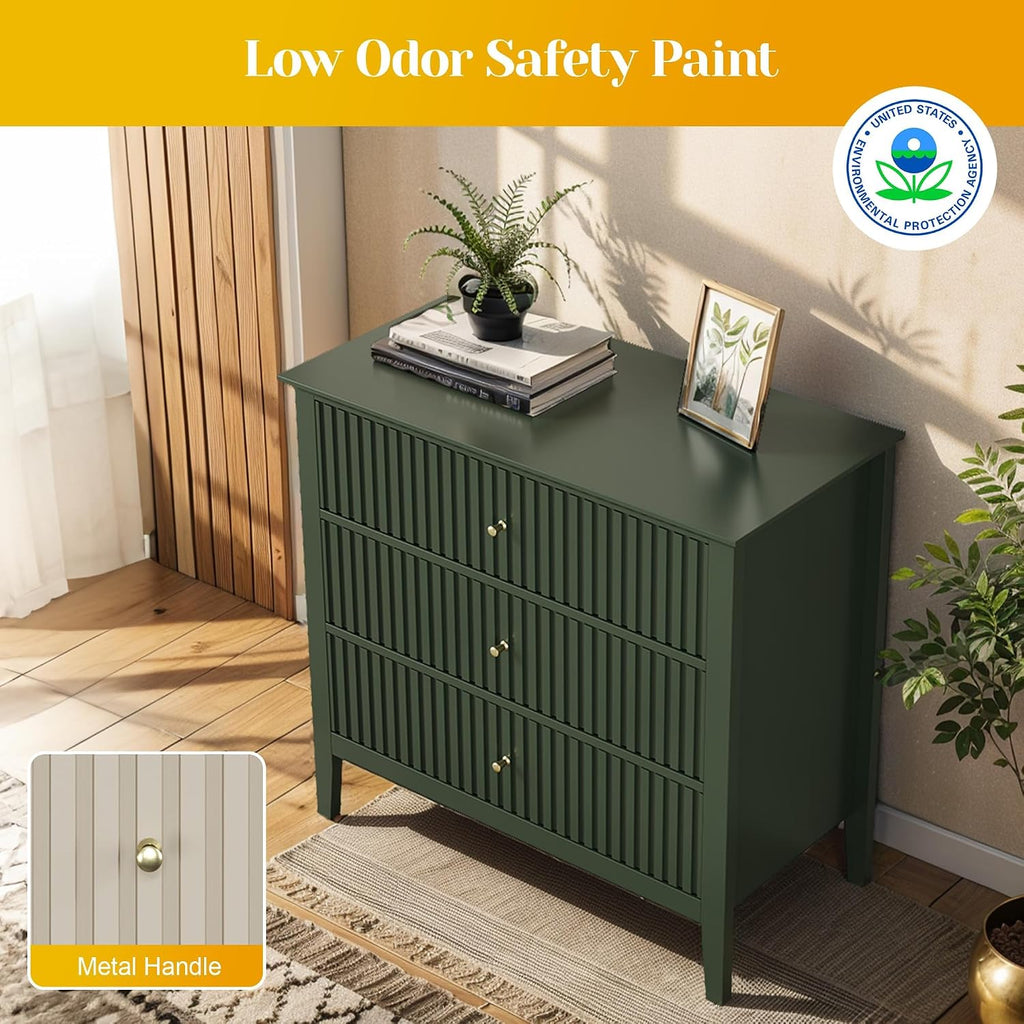 May in Color Large Green Fluted 3 Drawer Dresser Set of 2, Chest of Drawers with Ball Bearing Slide Modern 30 inch Tall Wood Nightstand with Spacious Storage for Bedroom Hallway Living Room Entryway