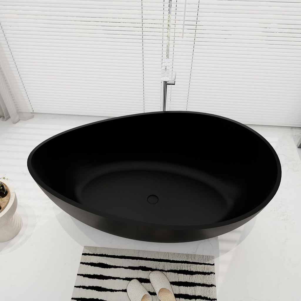 SJ STAR&JANE 63' x 38' Solid Surface Freestanding Bathtub, Oval Soaking Tub with Overflow and Pop-up Drain for Bathroom Matte Black