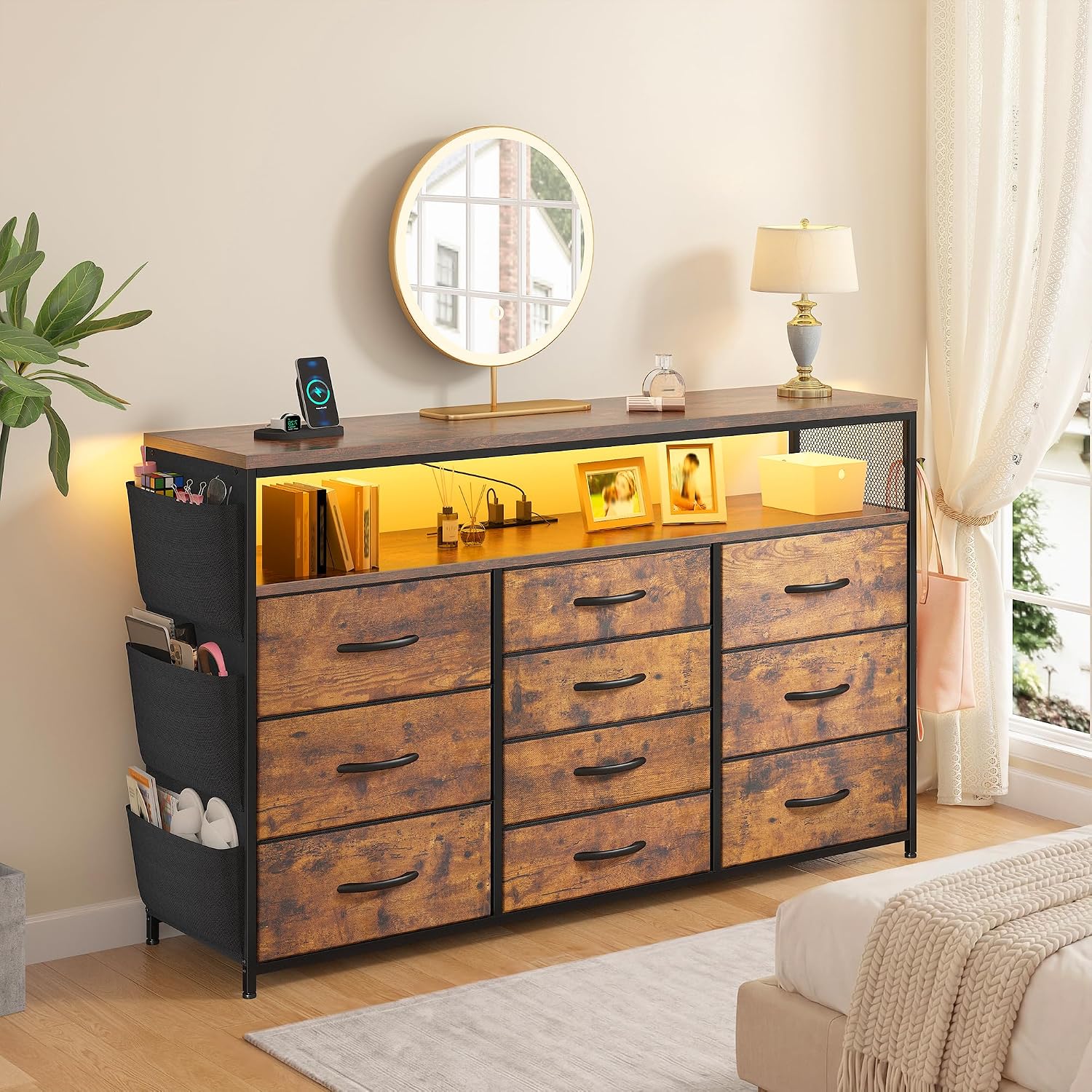 EnHomee Dresser for Bedroom with 10 Drawers, 55' TV Stands with LED Lights & Power Outlets, Dressers with Shelves & Side Pockets, Hooks for Hallway,Rustic Brown