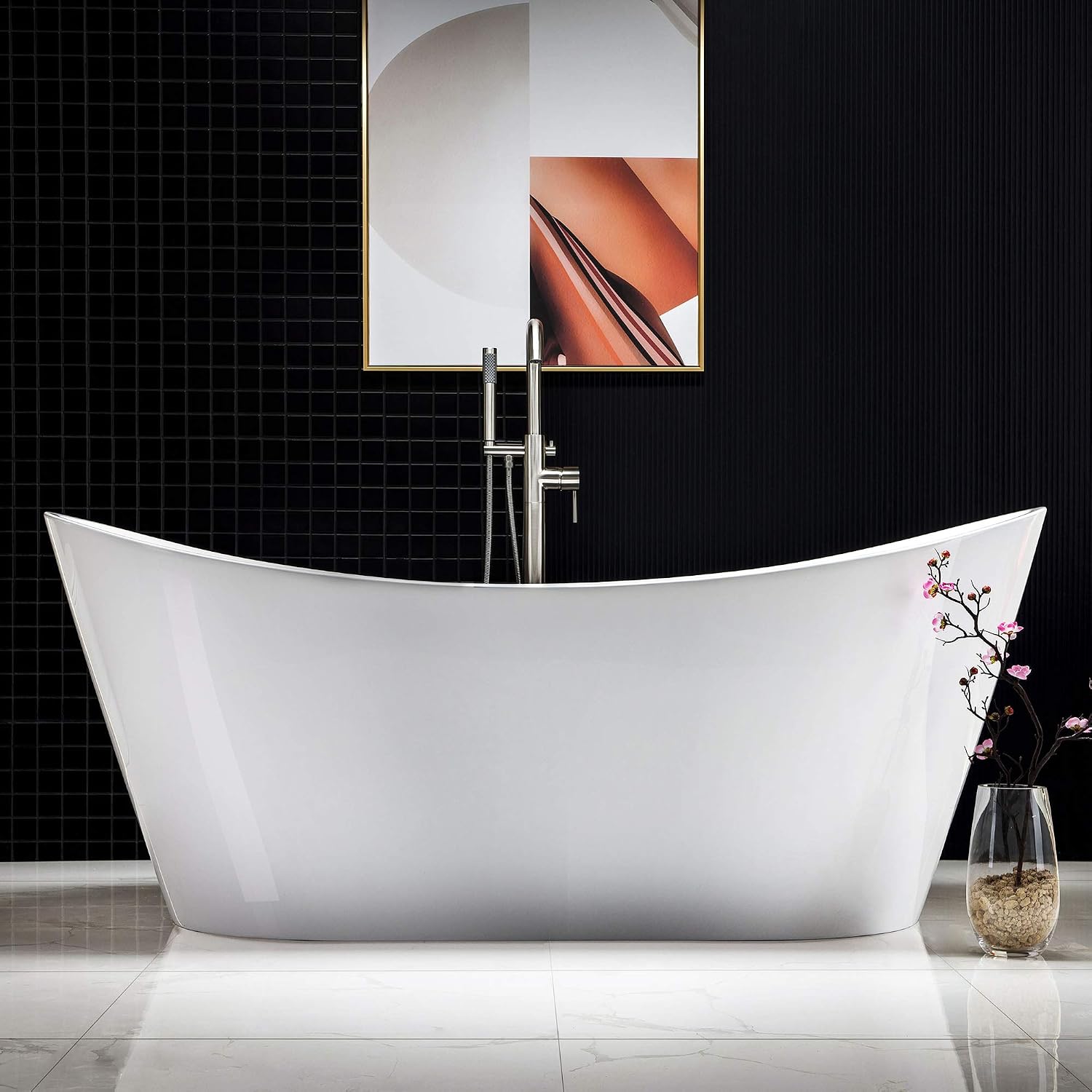 WOODBRIDGE 71'Freestanding White Acylic Soaking Bathtub with Brushed Nickel Drain and Overflow,B0017-BN