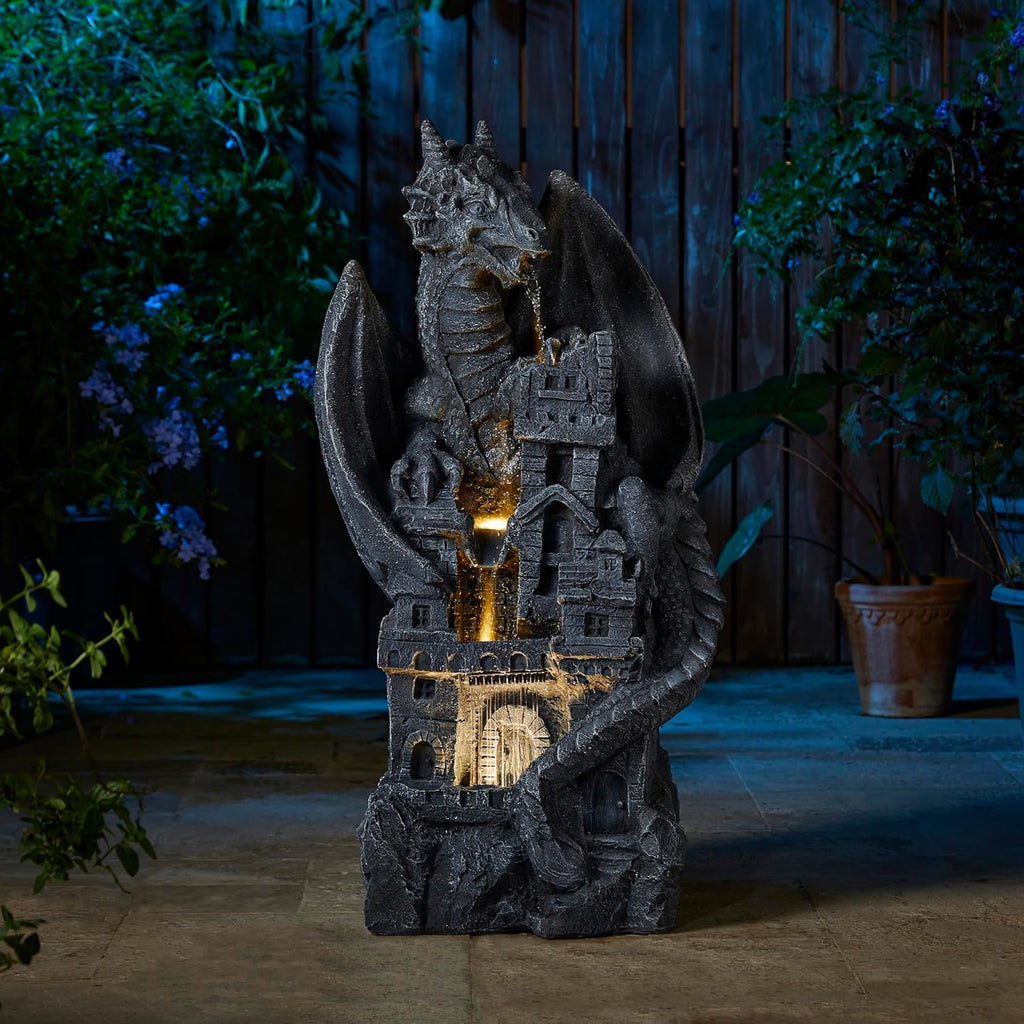 Glitzhome Outdoor Fountain 37' H, 4-Tiered Waterfall Indoor Water Fountain Freestanding Water Feature Fountains with Pump & LED Lights Outside Garden Backyard Decor, Gothic Dragon