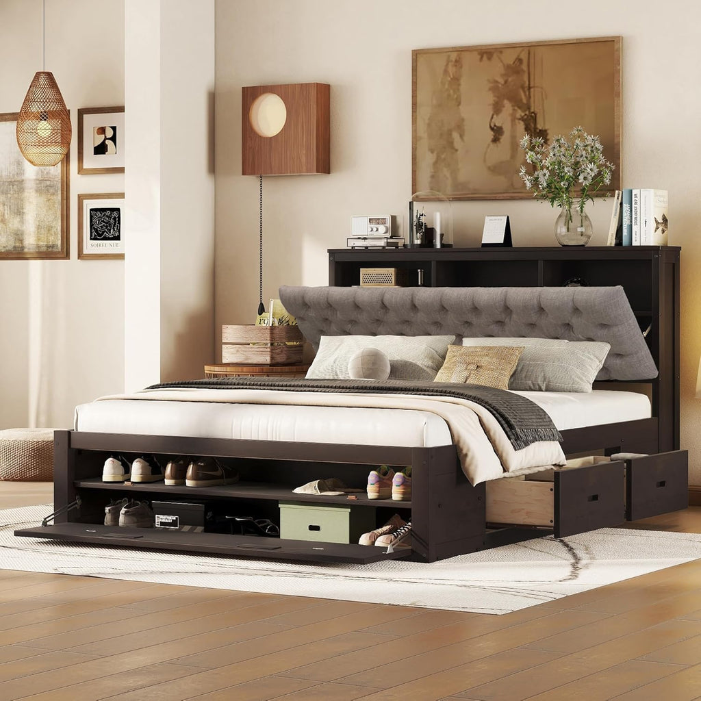 Modern Queen Size Platform Bed with Upholstered Storage Headboard, Wood Platform Bed Frame with Shoe Rack and 4 Drawers, Sturdy Slat Support, Maximize Space (Espresso-21)