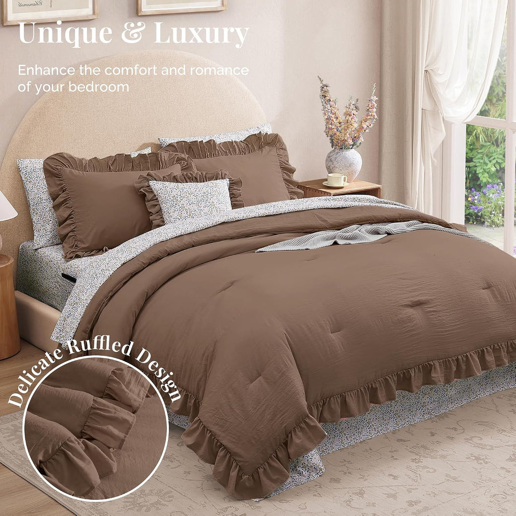 BLOOMHAVEN Oversized King Comforter Set - 7 Pieces Ruffle Amber Brown Bedding Sets, Shabby Chic Farmhouse Bed in a Bag with Ruffle Comforter, Floral Sheets, Pillowcases & Shams