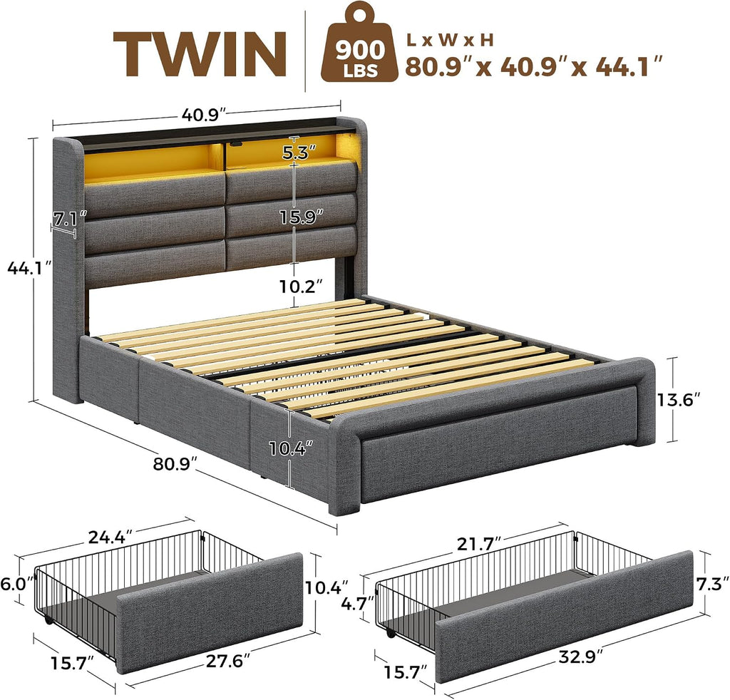 Seventable Twin Bed Frame with Storage Drawers & Charging Station, Upholstered Platform Bed with LED Light and Storage Headboard, Gray, No Box Spring Needed, Noise Free, Easy Assembly