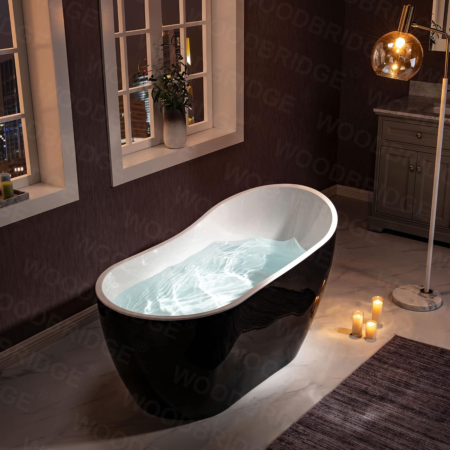 WOODBRIDGE 54' Acrylic Freestanding Bathtub Contemporary Soaking Black Tub with Matte Black Overflow and Drain，BTA1807-MB