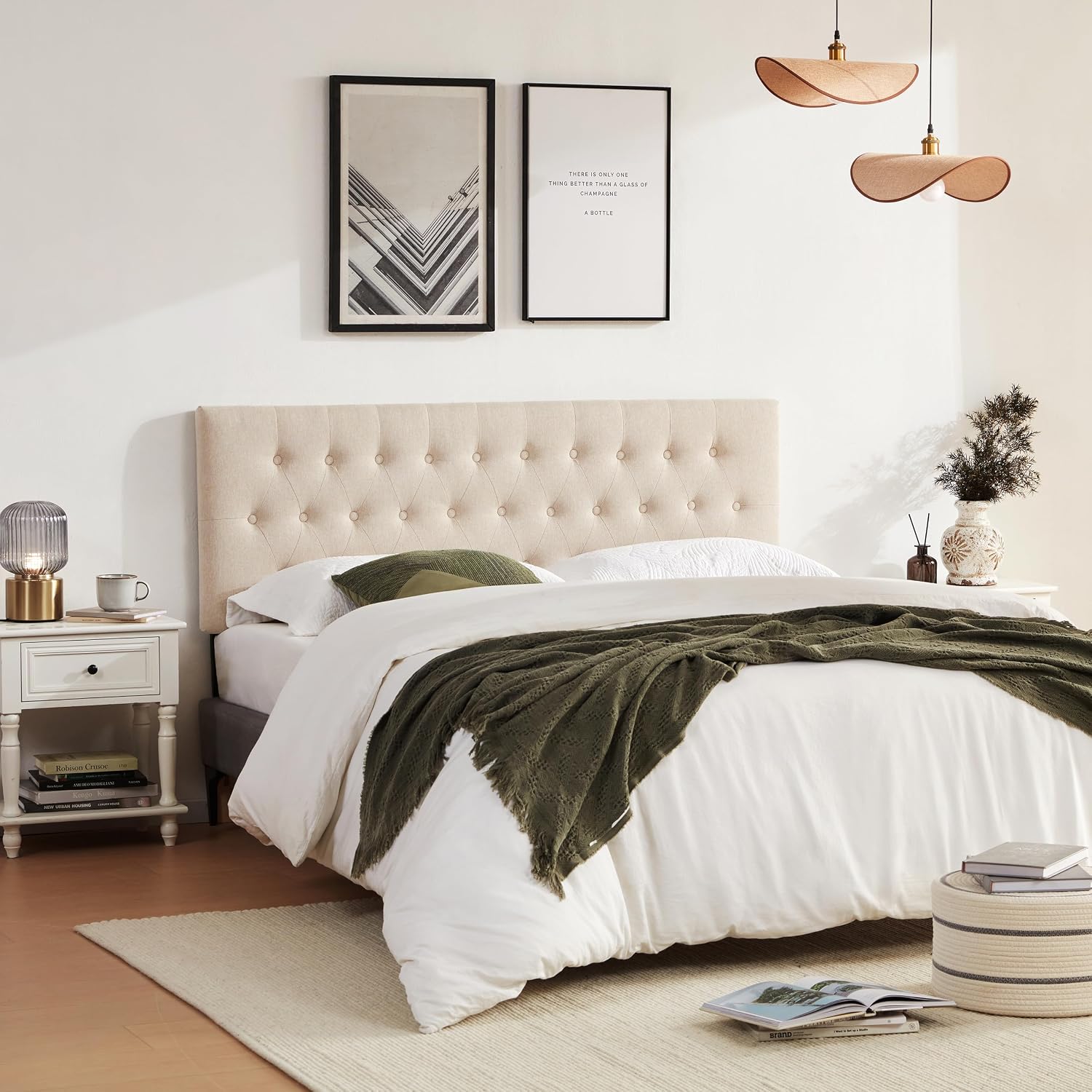 Huatean Home Tufted Upholstered Headboard California King Size, Solid Wood Head Board with Durable Metal Legs, Adjustable Height Bed headboard from 37' to 51' Fabric Headboard in Button Design, Beige