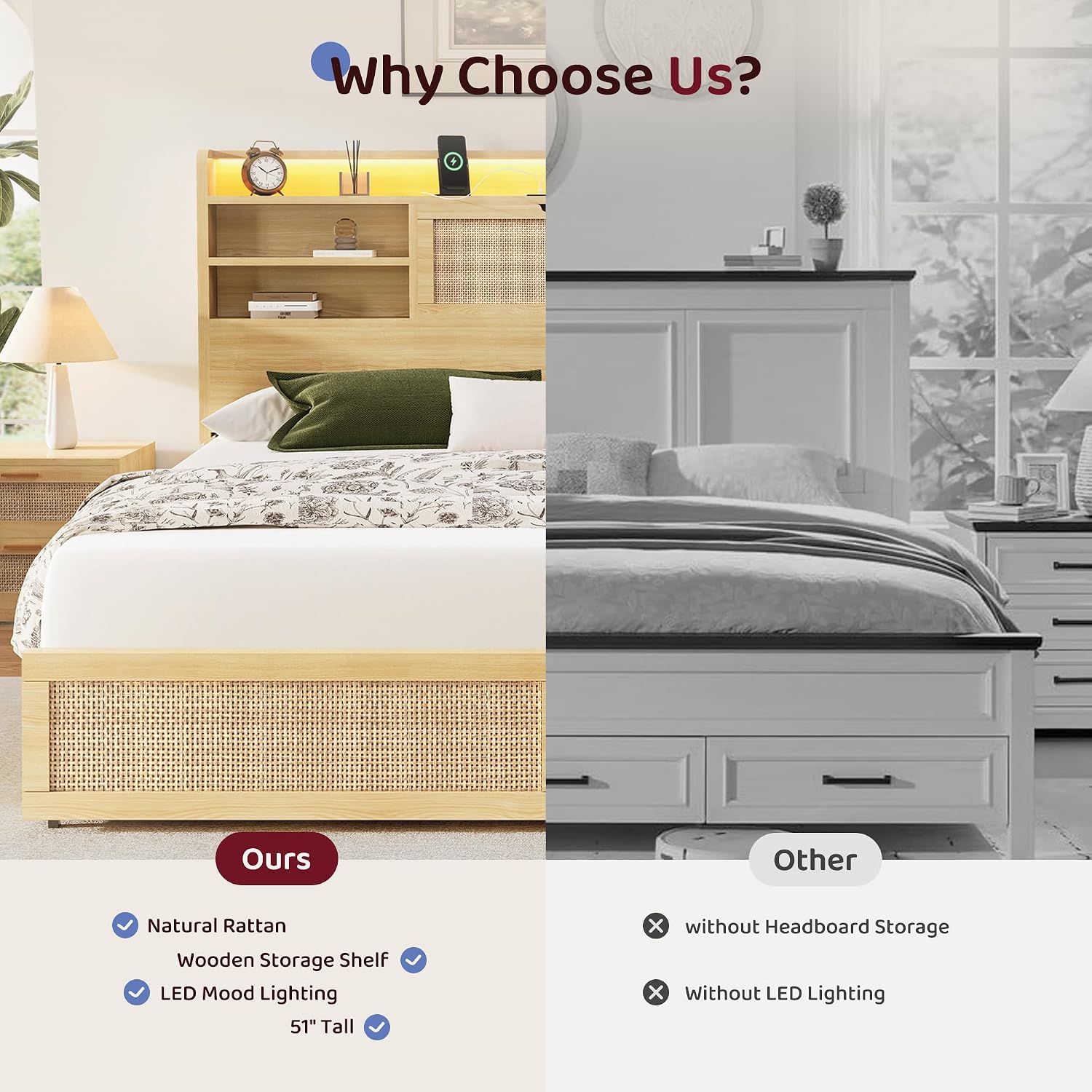 BRELTAM King Size Rattan Bed Frame with 4 Storage Drawers and 51.3' Tall Hidden Storage Headboard Wooden Platform Bed Frame with LED Lights and Charging Station, No Box Spring Needed, Natural