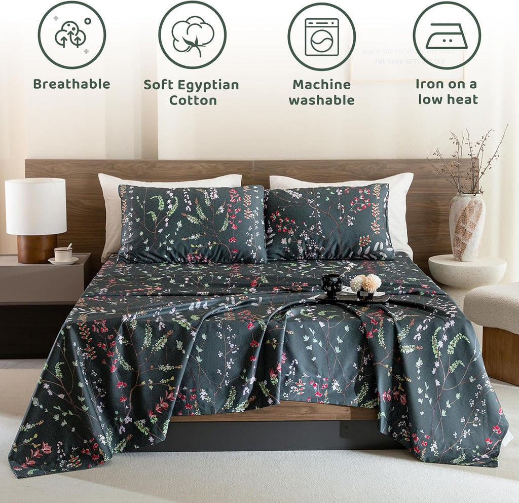 QSH Floral Egyptian Cotton Sheets King Size - Navy Floral Bedding Sheets Botanical Pattern Printed Bedding King Size Bed Sheets 17.5' Extra Deep Pocket 4pcs