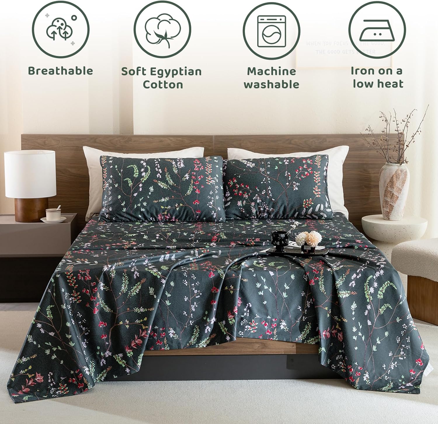 QSH Floral Egyptian Cotton Sheets King Size - Navy Floral Bedding Sheets Botanical Pattern Printed Bedding King Size Bed Sheets 17.5' Extra Deep Pocket 4pcs