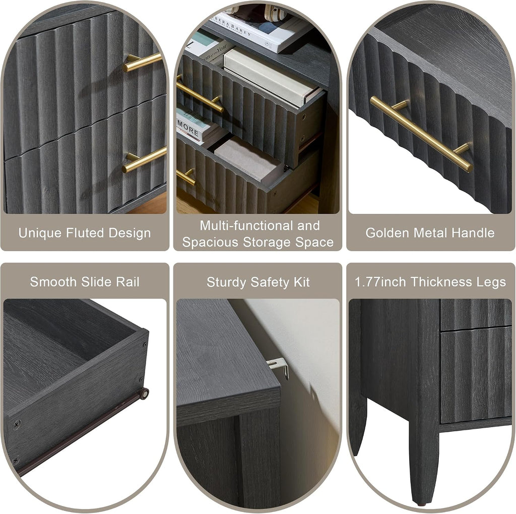 Fluted Nightstand with 2 Drawers, 27' Modern Nightstands Set of 2 with Storage Shelf, Large Queen Size Bedside Table and End Table for Bedroom, Office (Dark Gray, 1 Piece)