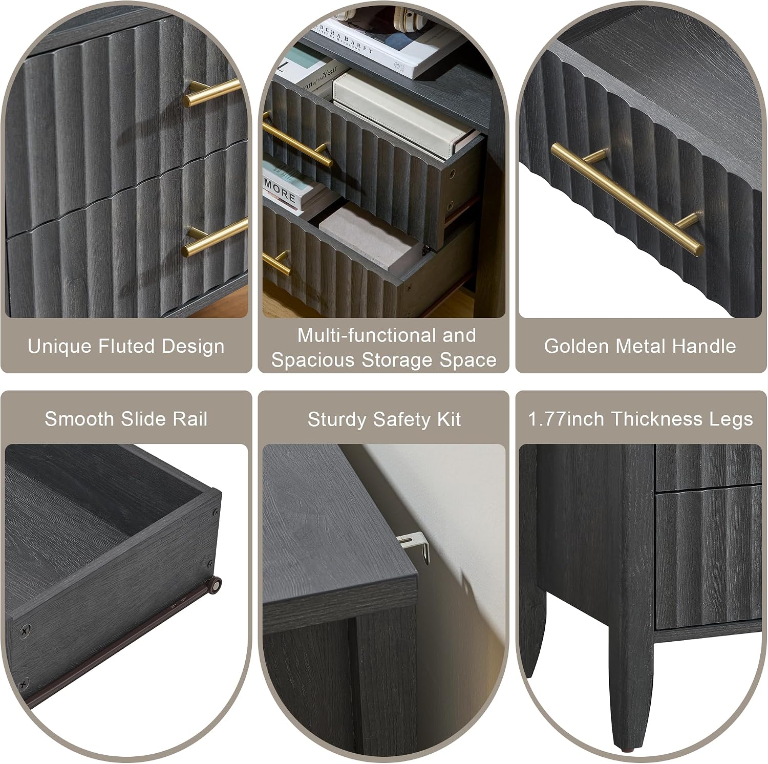 Fluted Nightstand with 2 Drawers, 27' Modern Nightstands Set of 2 with Storage Shelf, Large Queen Size Bedside Table and End Table for Bedroom, Office (Dark Gray, 1 Piece)