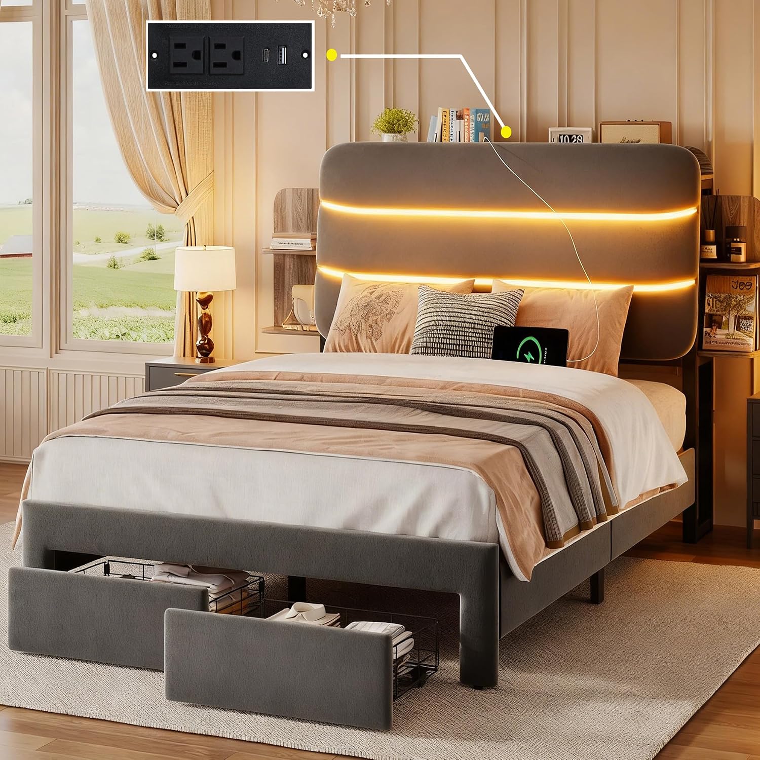 Ailisite Twin Size Bed Frame with Drawer and Ergonomic Storage Headboard,Slide Out Headboard Storage,Twin Bed with Charging Station & LED Lights,Wood Slats Support, No Box Spring Needed,Grey