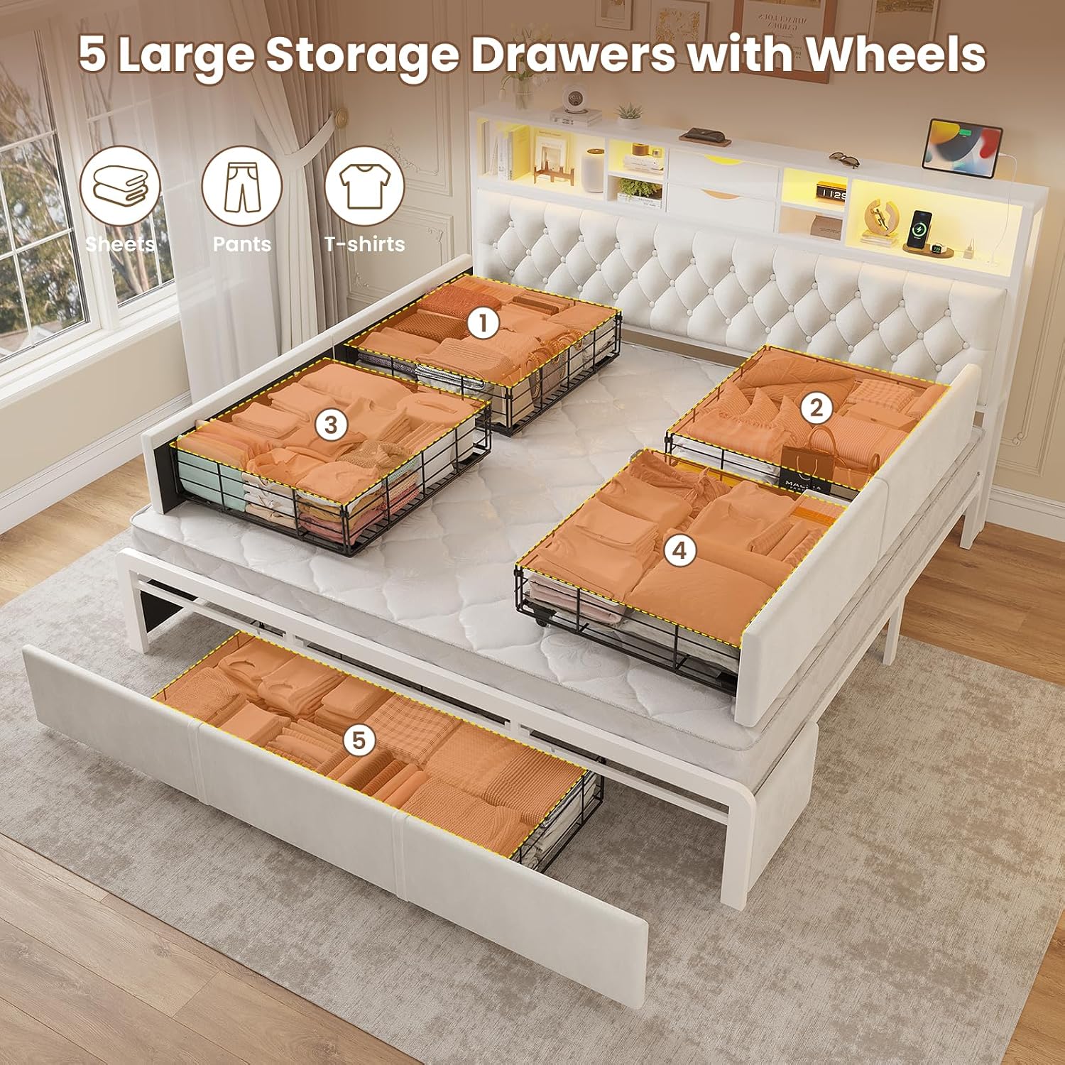 BTHFST Modern King Bed Frame with 5 Drawers & 2-Tier Storage Headboard, Velvet Upholstered Platform Bed with LED Lights and Charging Station, No Noise, No Box Spring Needed, Easy Assembly, Beige