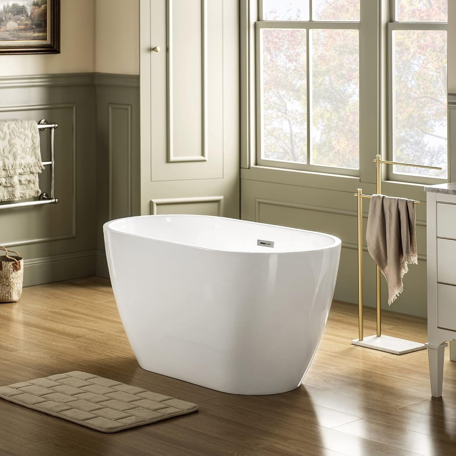 WOODBRIDGE 48' Acrylic Freestanding Bathtub Contemporary Soaking Tub, White Acrylic(Brushed Nickel Drain/Overflow),BTA1703-B/N-Drain&O