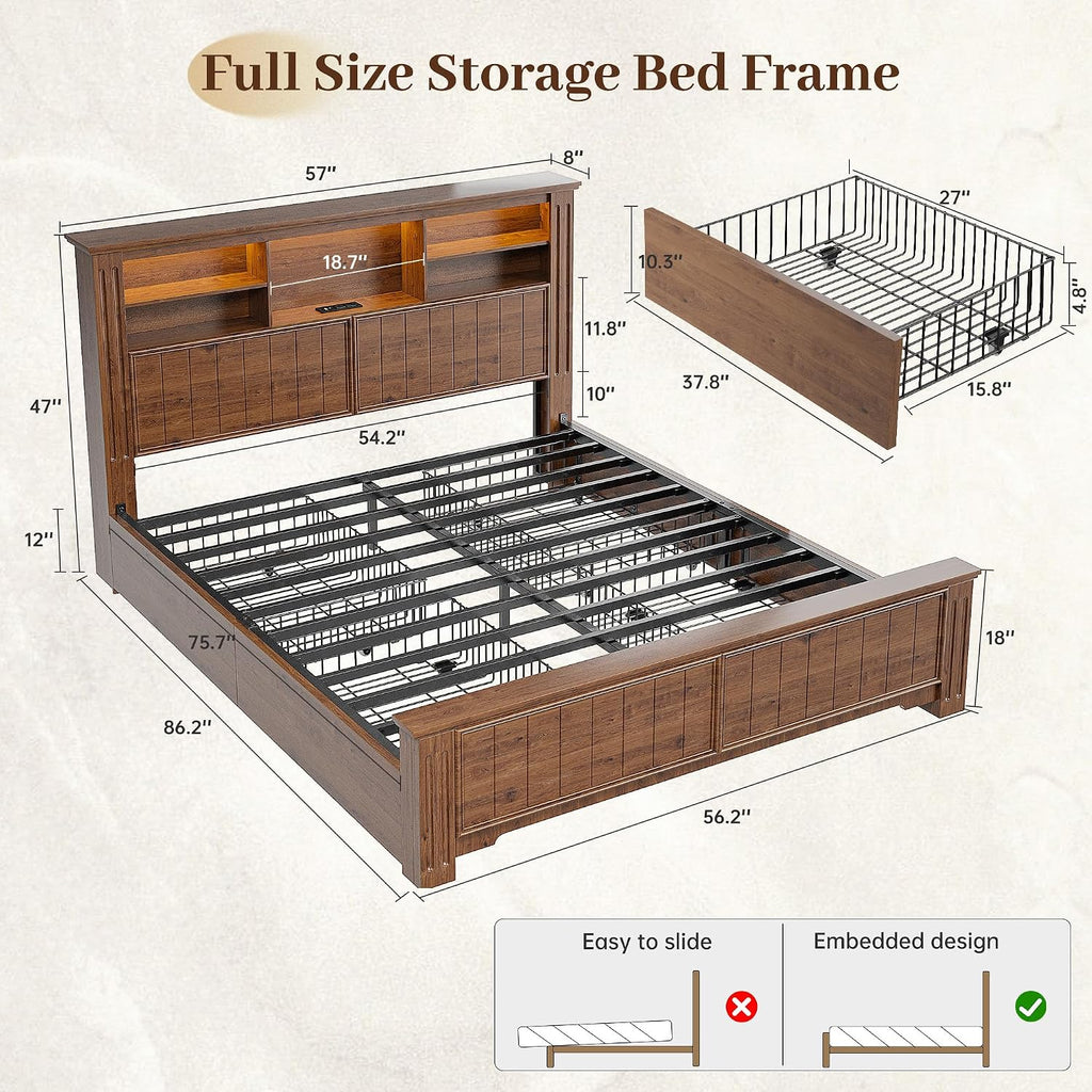 EnHomee Full Size Bed Frame with Storage, Full Bed Frame with 4 Drawers Charging Port & LED, Full Size Bed Frame with Headboard Built in Charging Station,No Box Spring Needed,NO Noise,Vintage Brown