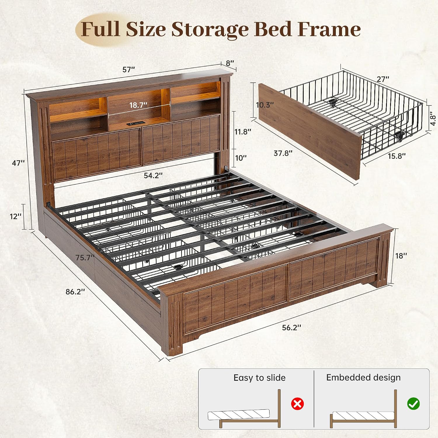 EnHomee Full Size Bed Frame with Storage, Full Bed Frame with 4 Drawers Charging Port & LED, Full Size Bed Frame with Headboard Built in Charging Station,No Box Spring Needed,NO Noise,Vintage Brown