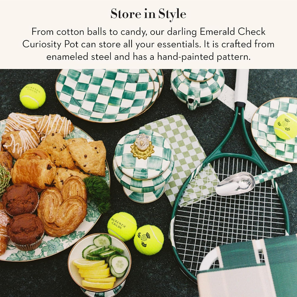 MACKENZIE-CHILDS Enamel Curiosity Pot, Decorative Container for Home Decor, Green-and-White Emerald Check