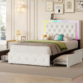 LED Twin Bed Frames with Headboard and Storage,Twin Size Bed Frames with 4 Storage Drawers and LED Lights,Velvet Upholstered Platform Twin Bed Frame with Charging Station,No Box Spring Needed,White