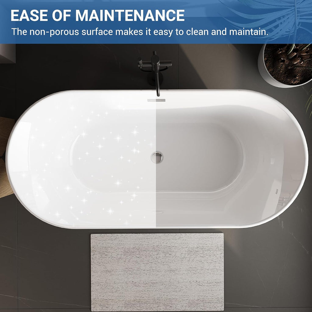 67' Freestanding Acrylic Soaking Bathtub, CUPC Certified Modern Bathtub with Matte Black Drain & Overflow, Glossy White Ergonomic Design for Bathroom