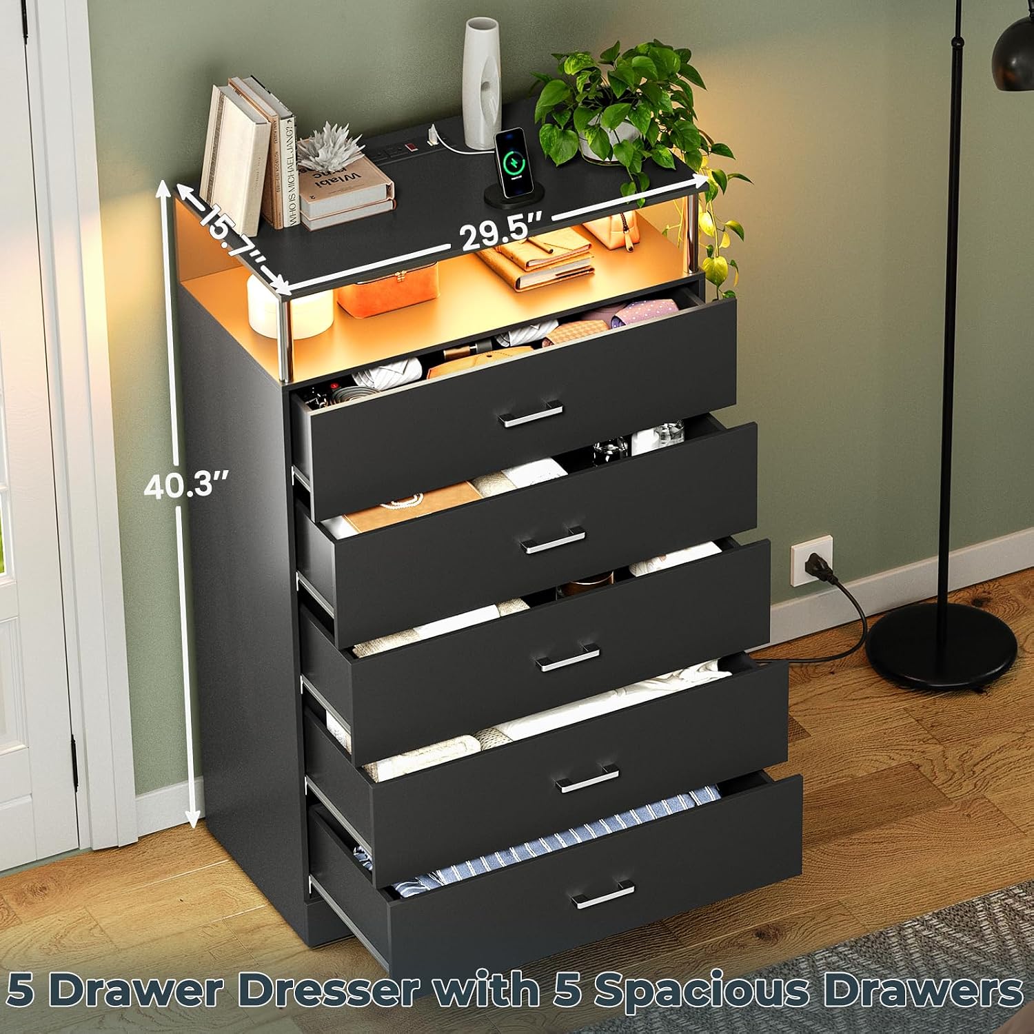 AOGLLATI Black Dresser for Bedroom with Column Design & Charging Station, Led 5 Drawers Tall Dresser for Bedroom,Black