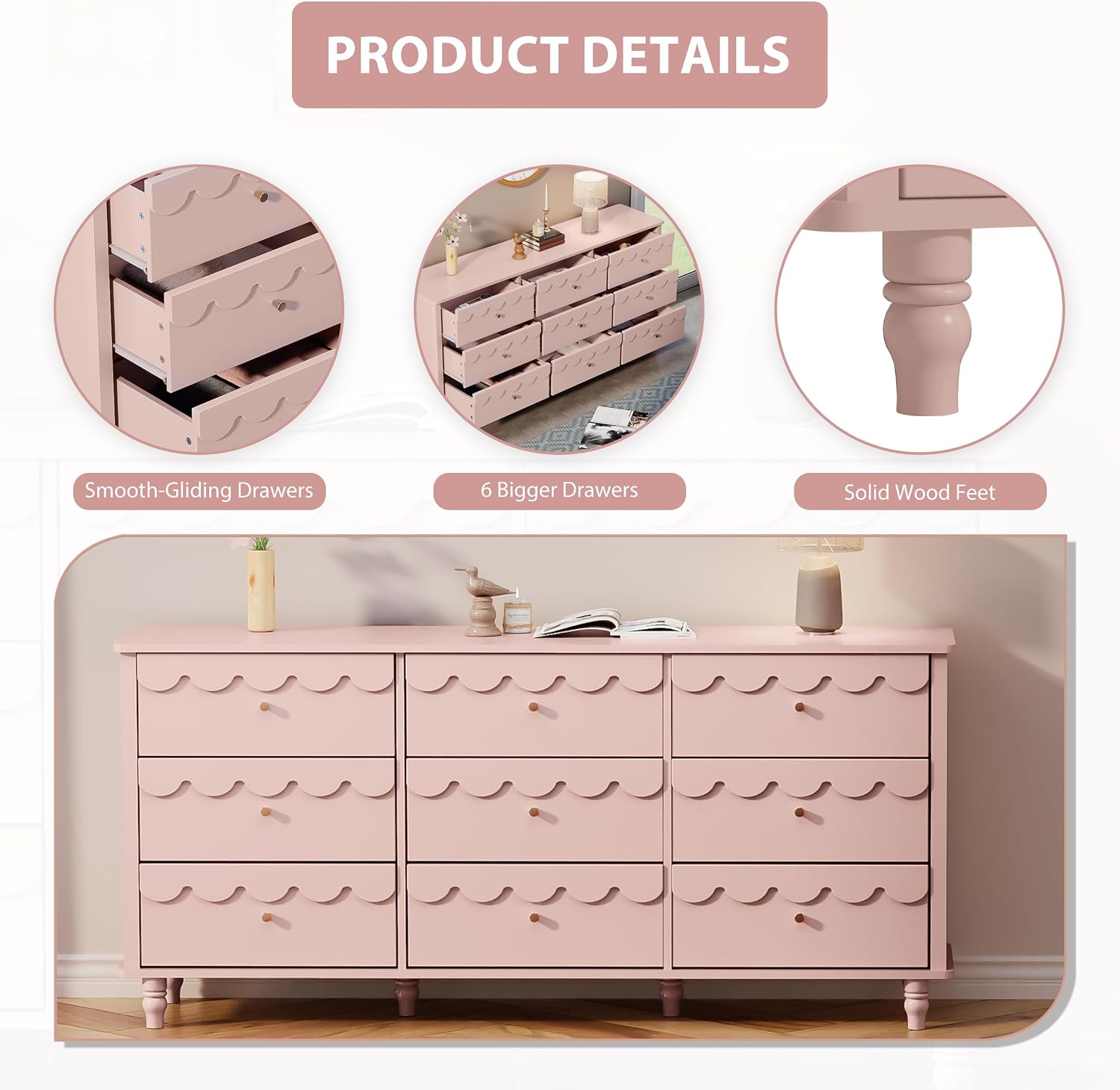 Anbuy Bedroom Sets 9 Drawer Dresser and Night Stand Sets for Bedroom, Two Drawers Nightstand Set of 2 & 9 Drawer Dresser Combo 3 Pieces (Pink)