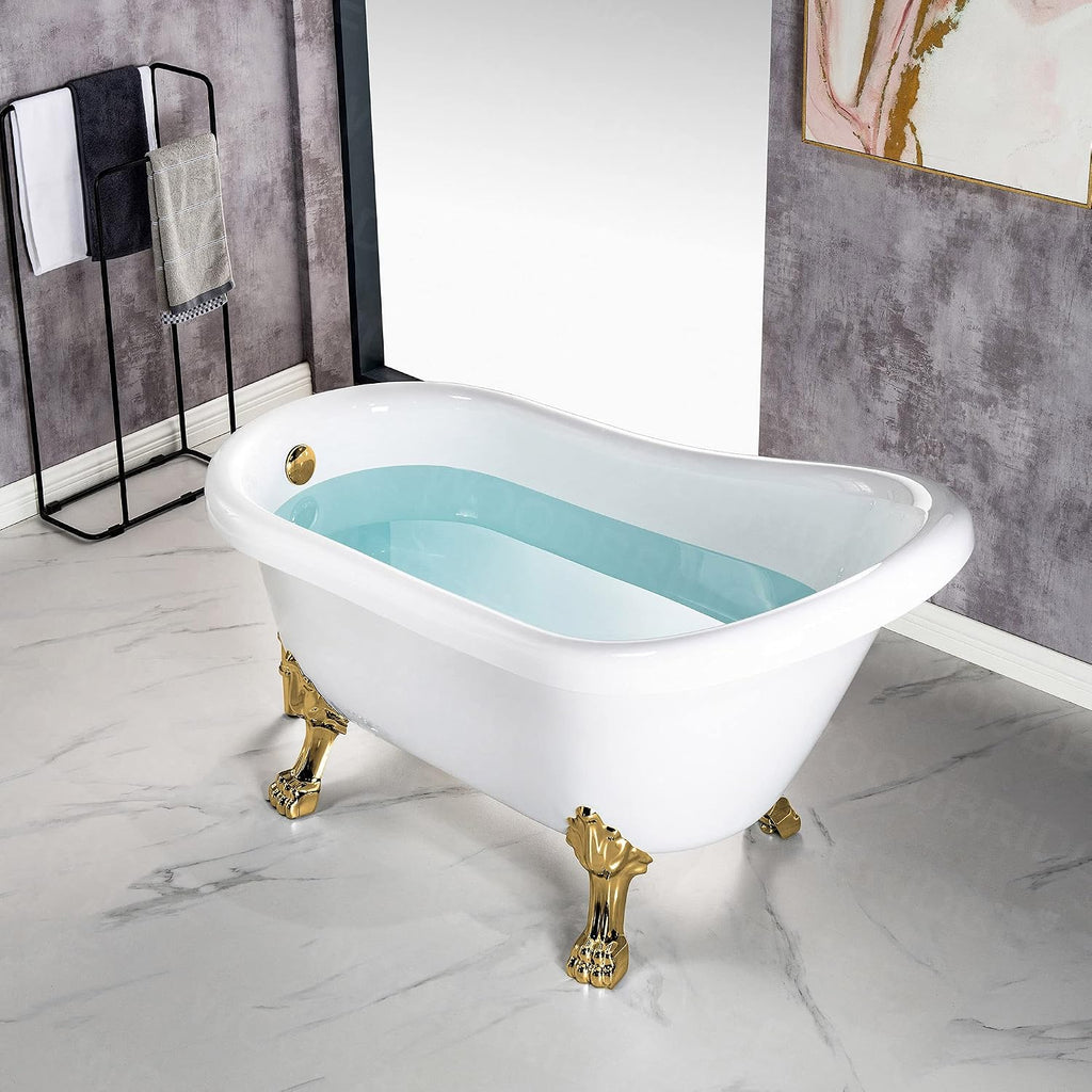 WOODBRIDGE 54' Heavy Duty Acrylic Slipper Clawfoot Bath Tub with Polished Gold Feet + Polished Gold Drain &Overflow