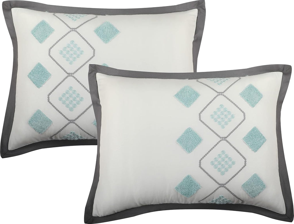 Grand Avenue Blue Fan-Shaped King Comforter Set, 7 Piece, Terry Embroidery Geometric Bedding Sets & Collections, Bedskirt, Pillows & Shams
