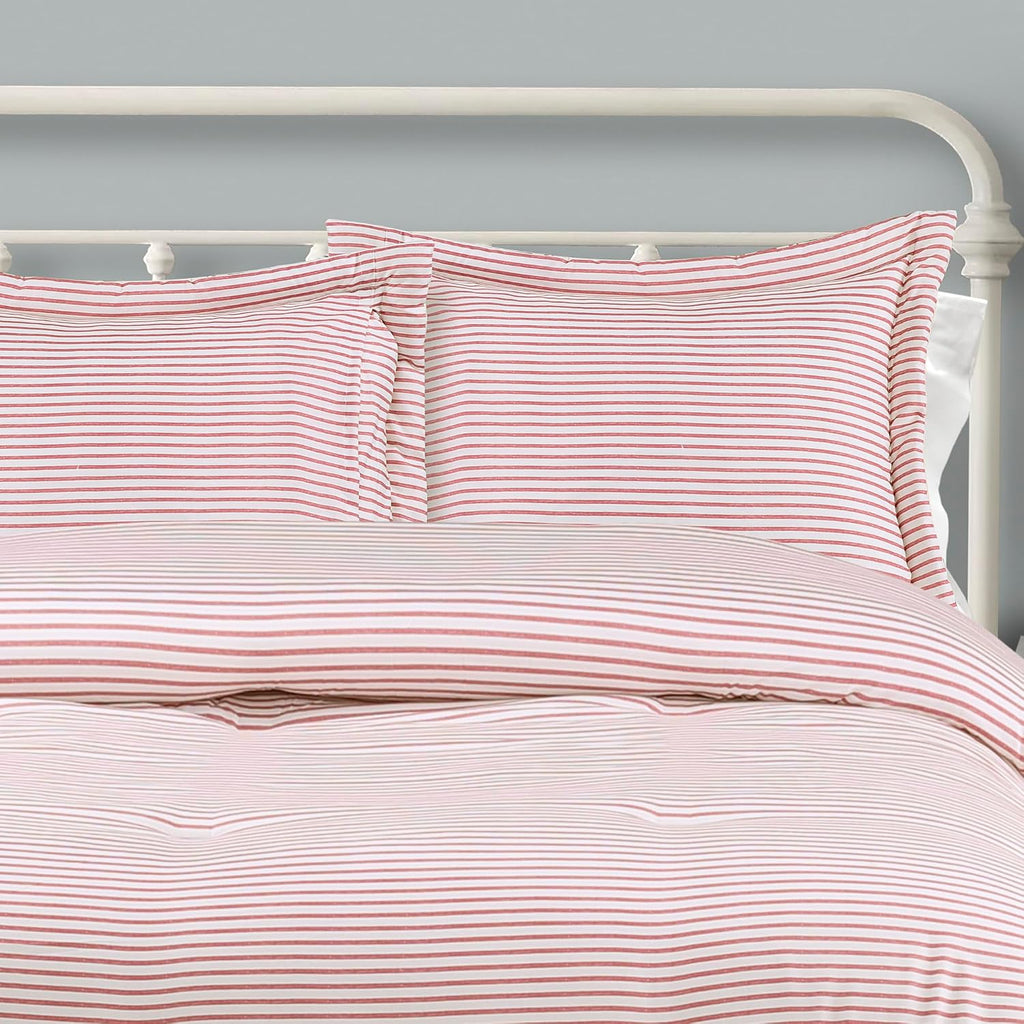 Lush Decor Farmhouse Stripe Reversible Cotton Comforter Set, 3 Piece Set, King, Red - Cozy Farmhouse Bedding Set - Rustic Decor - Striped Comforter - Modern Farmhouse Bedroom Decor