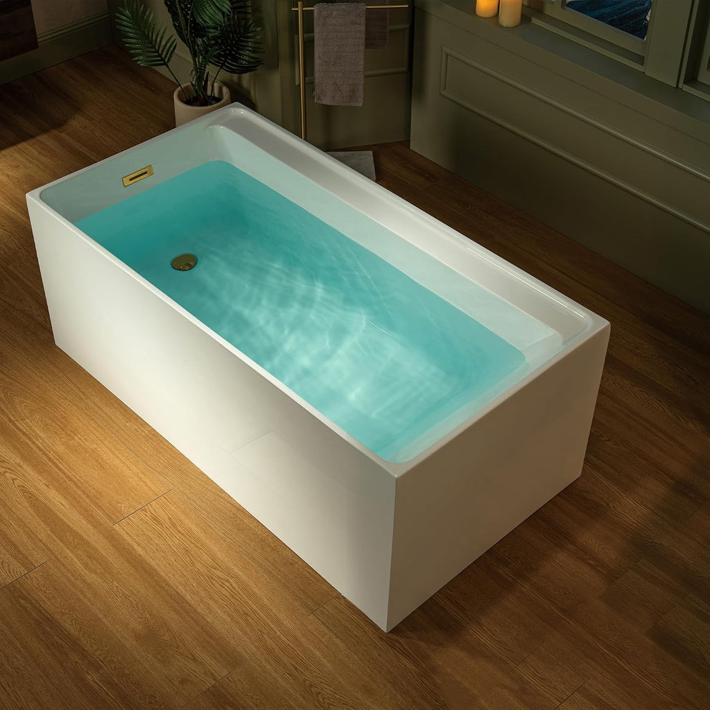WOODBRIDGE 59' L x 29-1/2' W Freestanding Contemporary Soaking Bathtub with Brushed Gold Drain & Overflow, White, B5910-BG