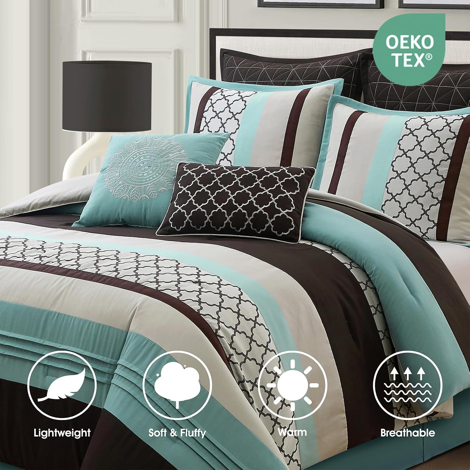 LANCO MODERN LIFESTYLE Queen Comforter Set, Aqua Brown Bedding Set, Jacquard Woven with Embroidery, 8 Pieces Bed in a Bag, Bed Skirt, Shams and Decorative Pillows