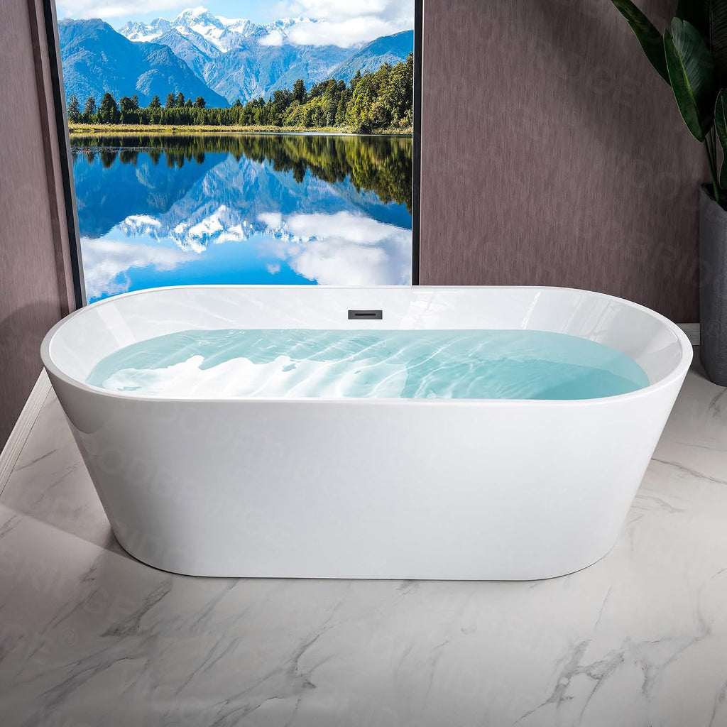 WOODBRIDGE 71' Acrylic Freestanding Bathtub Contemporary Soaking White Tub with Matte Black Overflow and Drain,White,B1701 MB