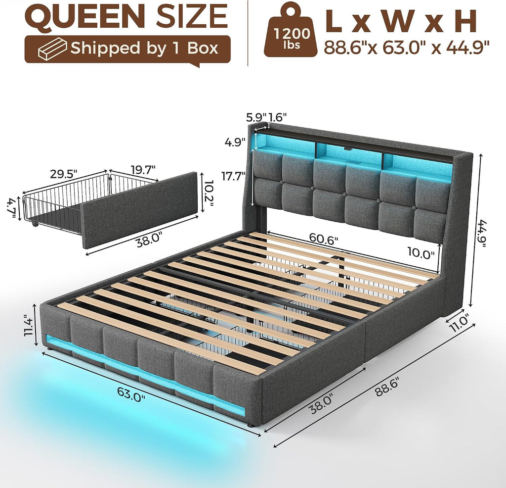 Rolanstar Queen Size Bed Frame with RGB LED Lights & Charging Station, Upholstered Storage Headboard with 4 Drawers, Heavy Duty Metal Frame, No Box Spring Needed, Easy Assembly