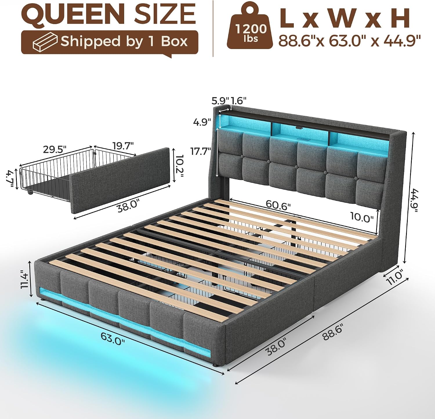 Rolanstar Queen Size Bed Frame with RGB LED Lights & Charging Station, Upholstered Storage Headboard with 4 Drawers, Heavy Duty Metal Frame, No Box Spring Needed, Easy Assembly