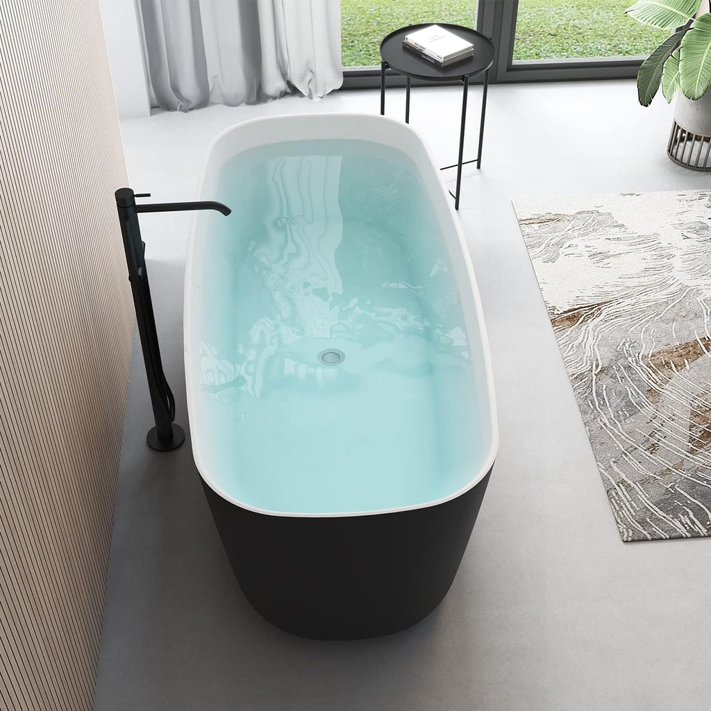 59' Lucite Acrylic Freestanding Bathtub, Rectangular Shape Contemporary Soaking Tub with Toe-tap Chrome Center Drain, Slotted Overflow, cUPC Certified, Matte Black
