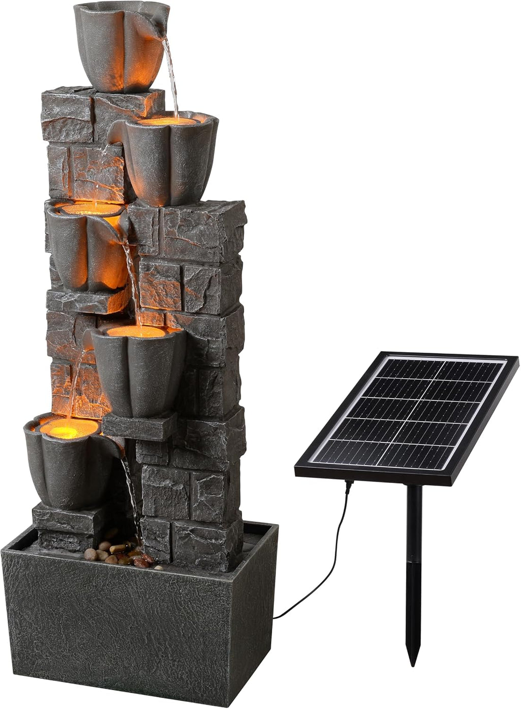 36.2'' Tall Solar Powered 4 Tiers Water Fountain, Floor-Standing Tulip Design Outdoor Waterfall Fountain, Natural Cascading Water Feature Decor for Garden, Backyard, Lawn, Yard Landscape