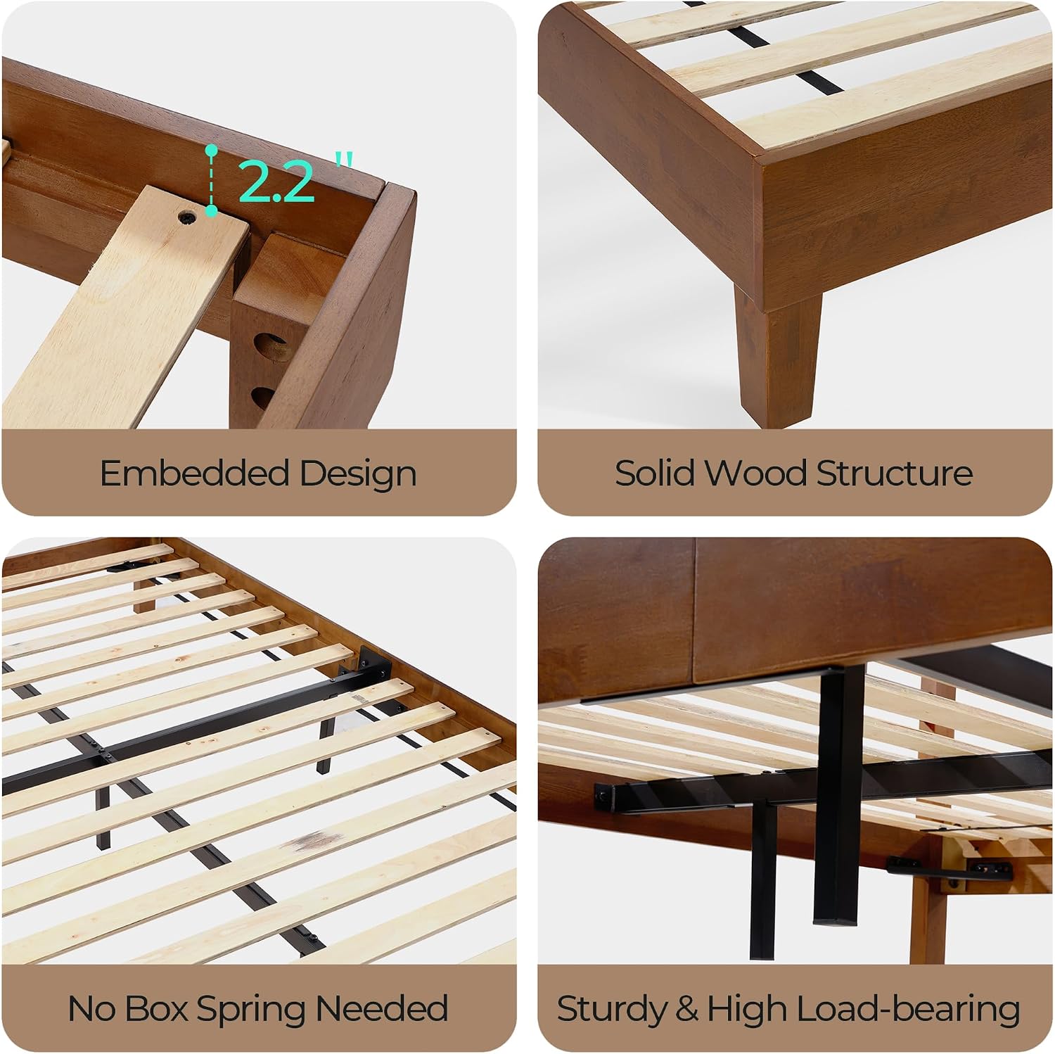 LINSY Wood Bed Frame, Full Bed Frame Solid Wood Platform Frames with Headboard and Slat Bases, Wooden Bedframe No Box Spring Needed, Easy Assembly, Walnut