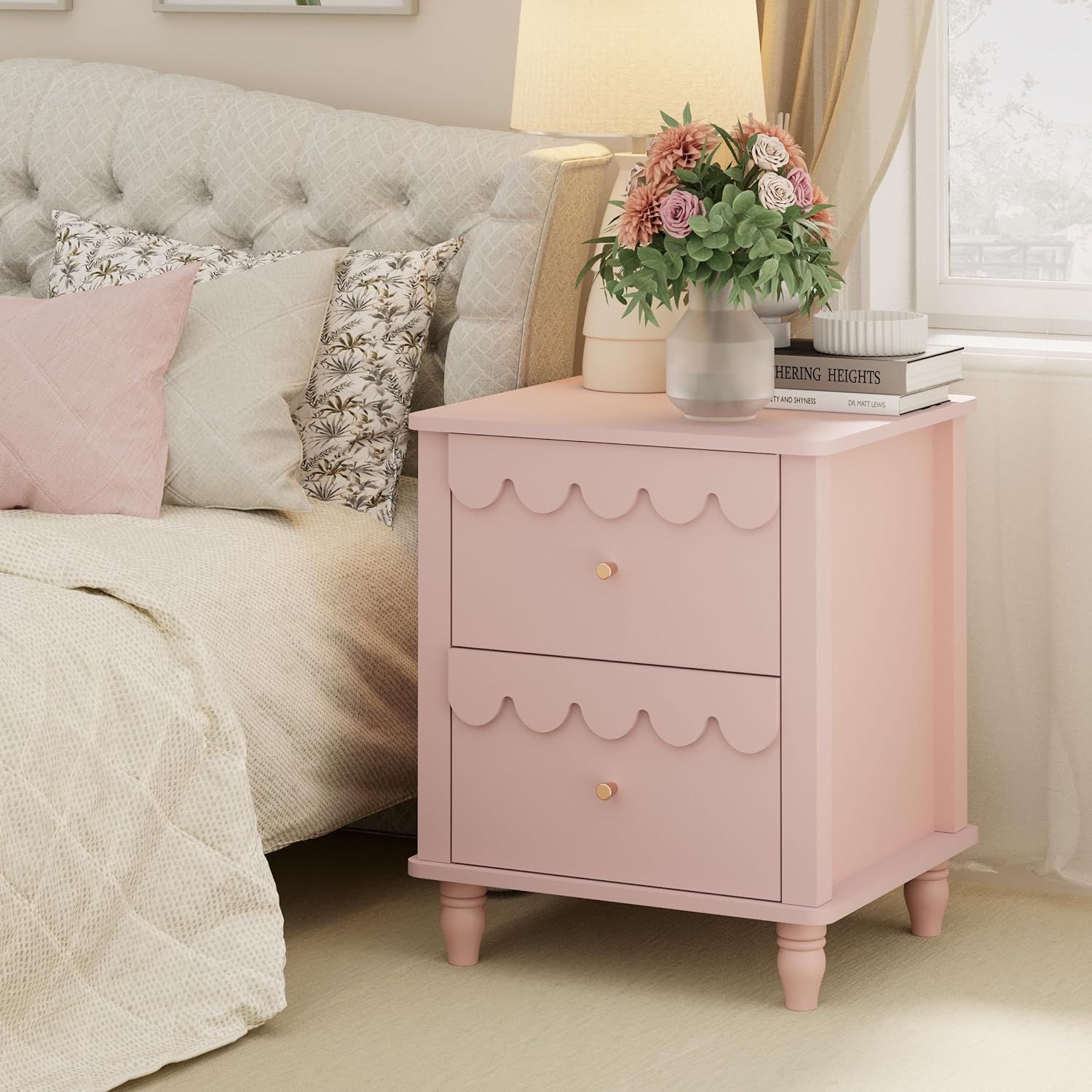 Anbuy Bedroom Sets Scalloped 6 Drawer Dresser and Night Stand Sets for Bedroom, Two Drawers Nightstand Set of 2 & 6 Drawer Dresser Combo 3 Pieces (Pink)