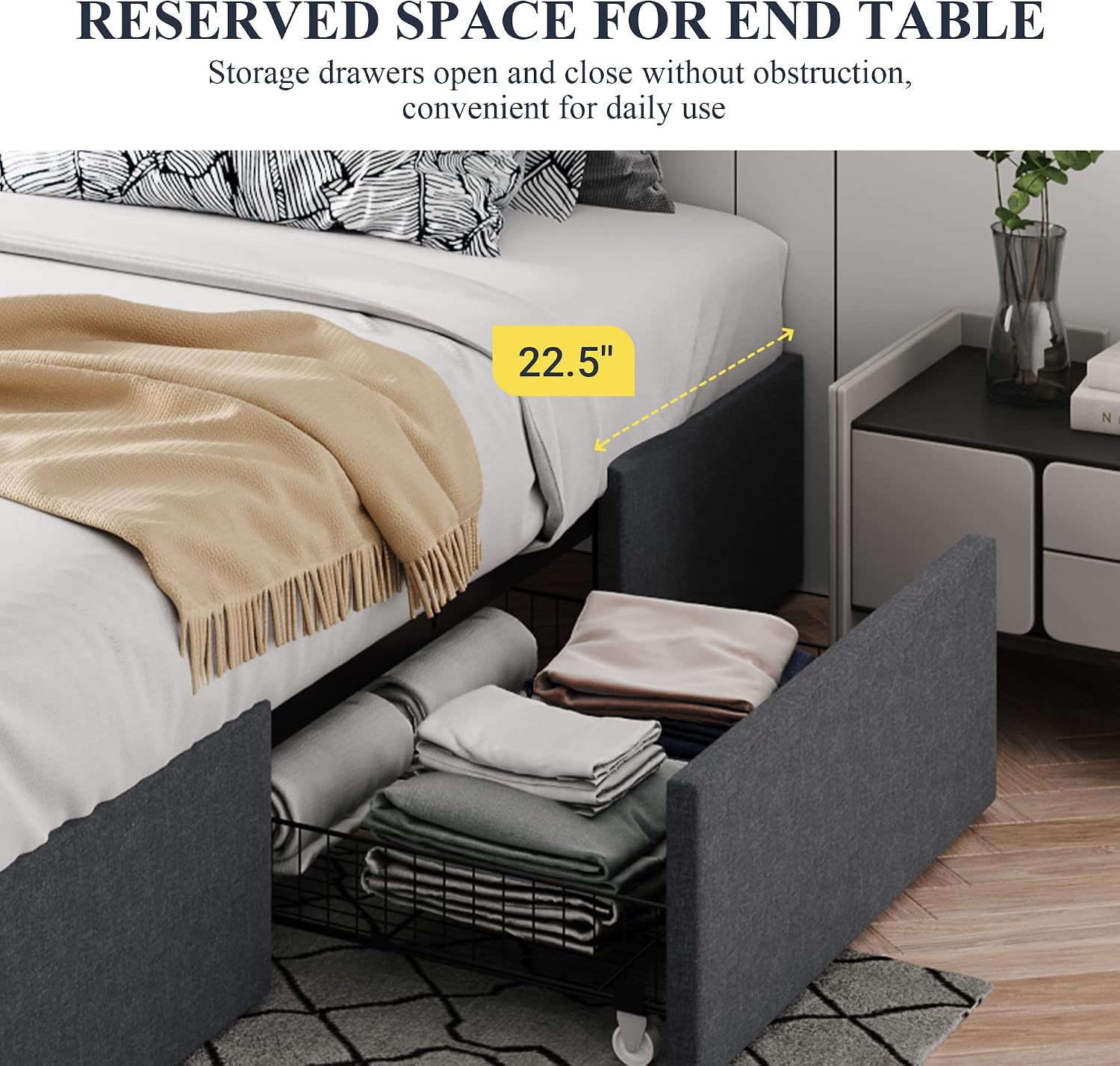 Allewie Queen Size Platform Bed Frame with 3 Storage Drawers, Fabric Upholstered, Wooden Slats Support, No Box Spring Needed, Noise Free, Easy Assembly, Dark Grey