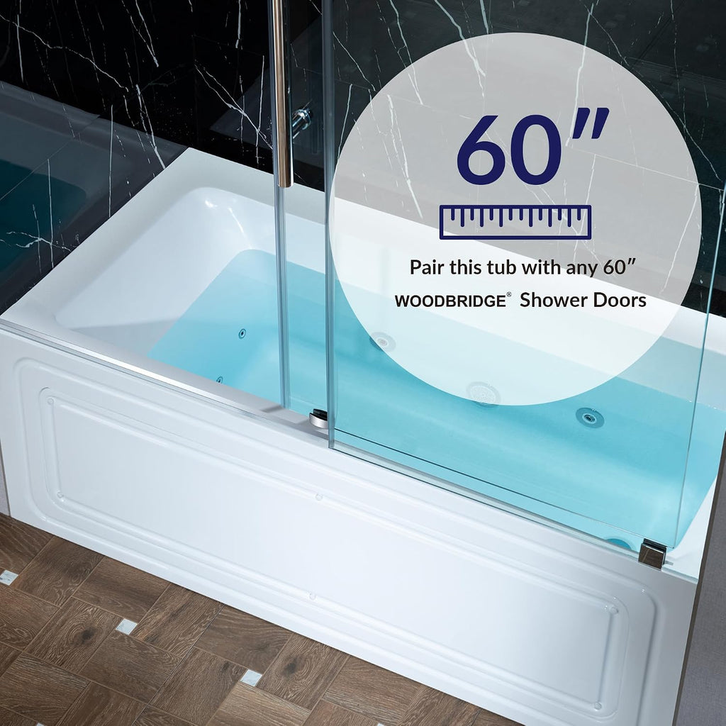 WOODBRIDGE 60' x 30' Alcove Acrylic Rectangular Whirlpool Heated Jetted Tub in White with right Drain, Polished Chrome Finish, BS666-R-CH01