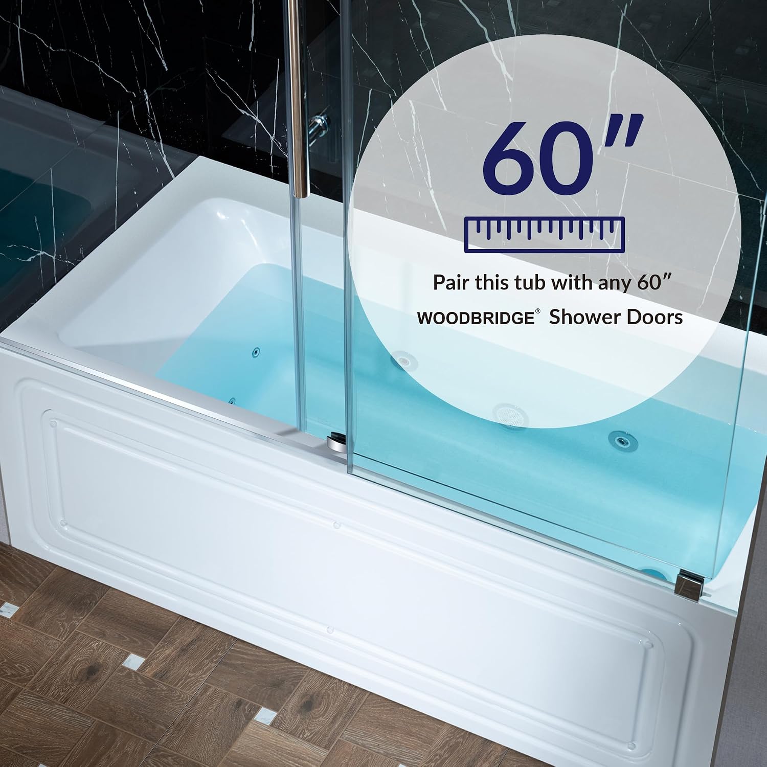 WOODBRIDGE 60' x 30' Alcove Acrylic Rectangular Whirlpool Heated Jetted Tub in White with right Drain, Polished Chrome Finish, BS666-R-CH01