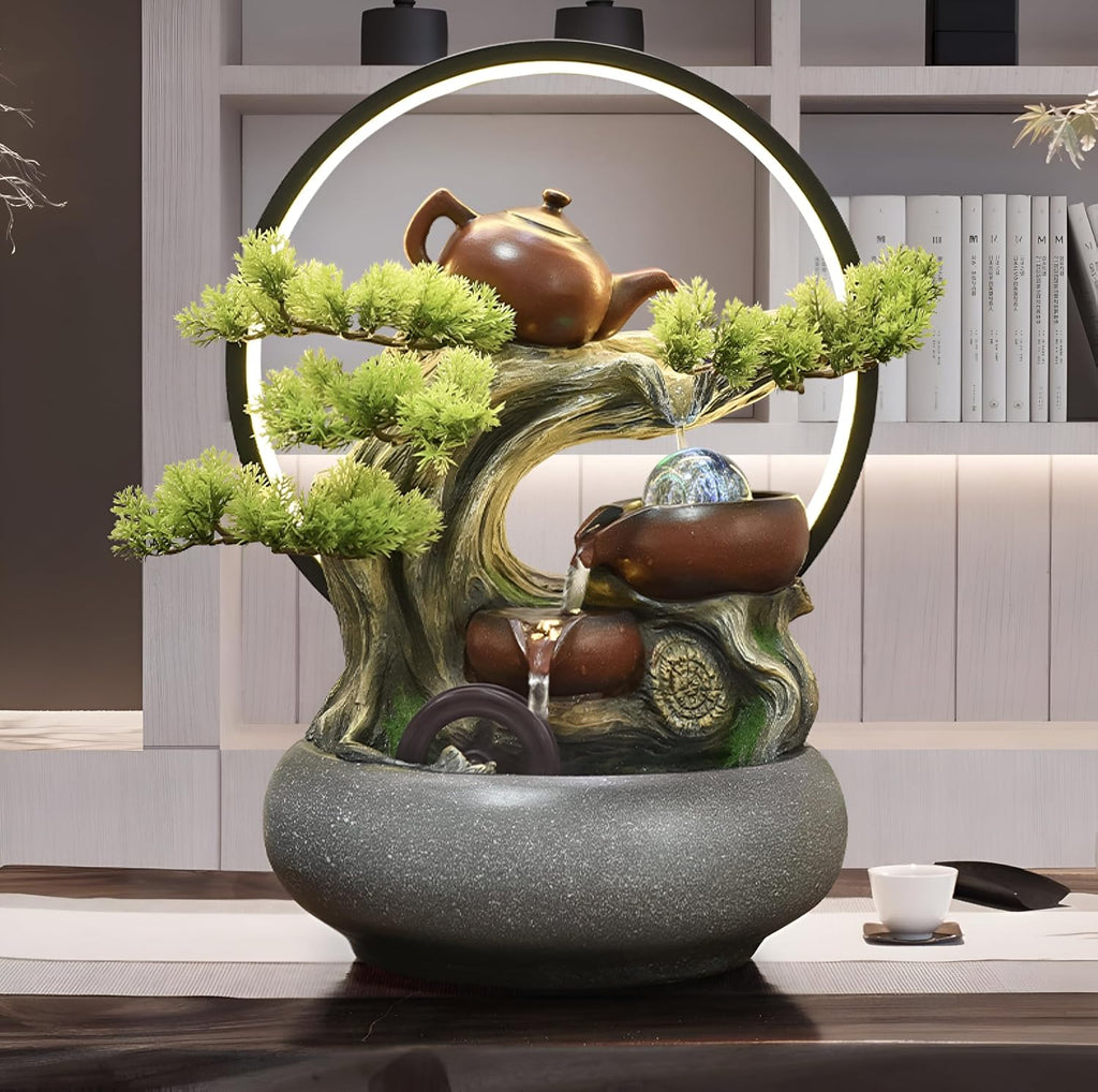 15.75 Inch-Tabletop Ceramic Fountain&5 Tiers of Flowing Water&Zen+Free 10 Crystals-Suitable for Indoor Meditation&Landscape&Good Luck-Fogging&LED Color Lights&Tea Pot