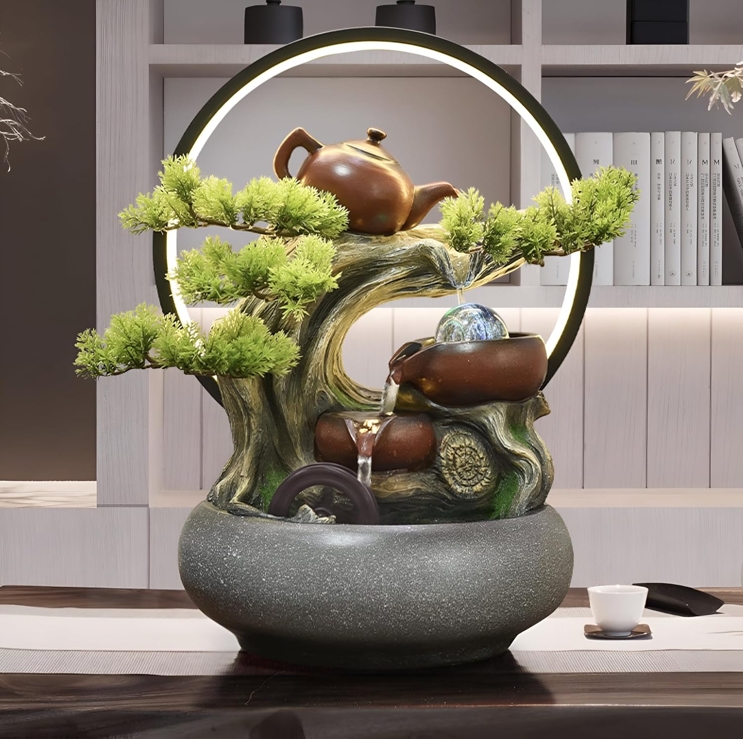 15.75 Inch-Tabletop Ceramic Fountain&5 Tiers of Flowing Water&Zen+Free 10 Crystals-Suitable for Indoor Meditation&Landscape&Good Luck-Fogging&LED Color Lights&Tea Pot