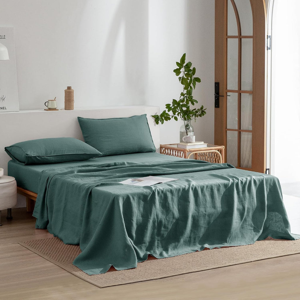 EVERLY Linen Sheets Queen Size,100% Stonewashed Pure French Linen16Inch Deep Pocket Sheets,4Pieces (1Flat Sheet,1Fitted Sheet,2Pillowcase) Natural Flax Soft and Breathable for Hot Sleepers-Aqua