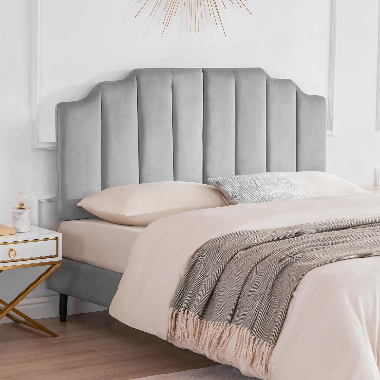 Huatean Home Velvet Upholstered Headboard Queen, Tufted Headboard, Elegantly Curved headboard only, Soft Padded headboards Queen Size, Modern Vertical Channel Design Head Board, Soft Grey