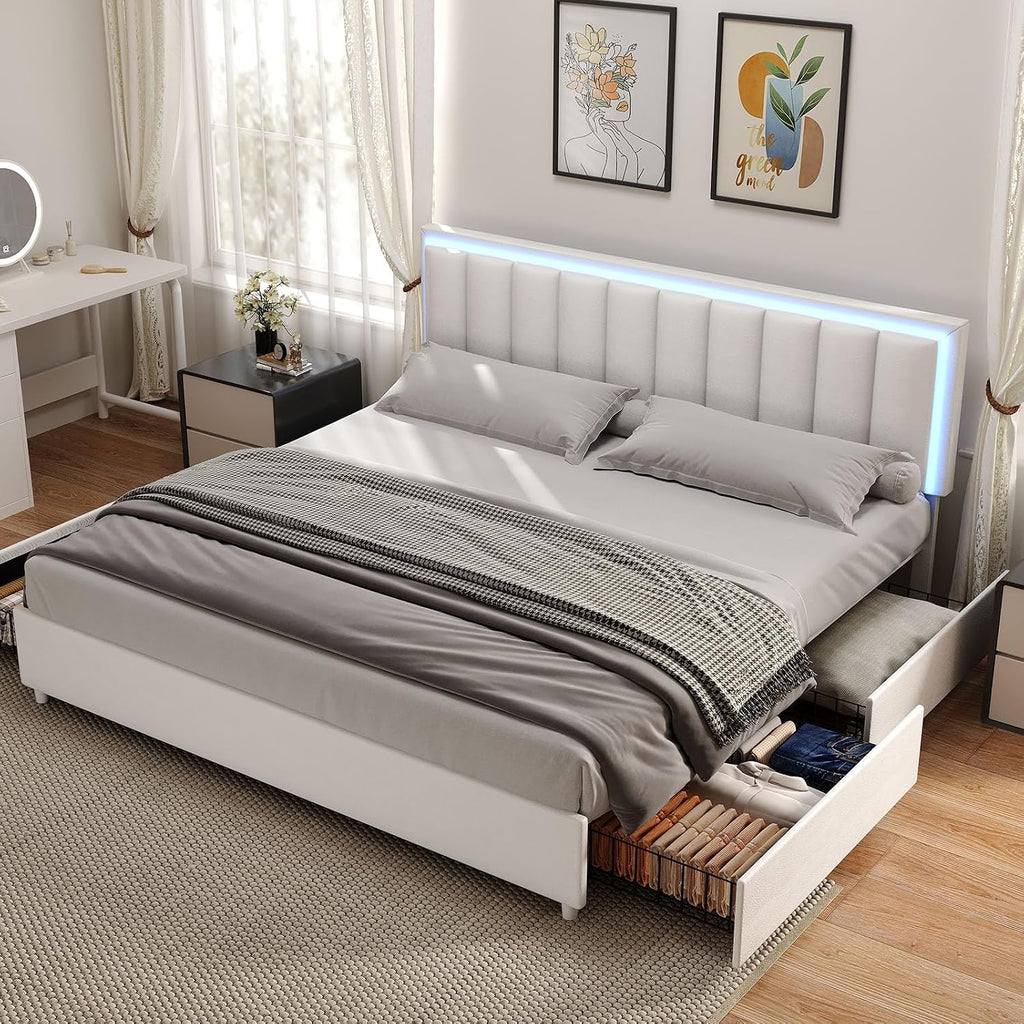 IMMERSTABLE Full Size Bed Frame with Headboard and 4 Storage Drawers, Faux Leather Upholstered Platform Bed with LED Lights, Metal and Wood Slats, No Box Spring Needed, Easy Assembly, White