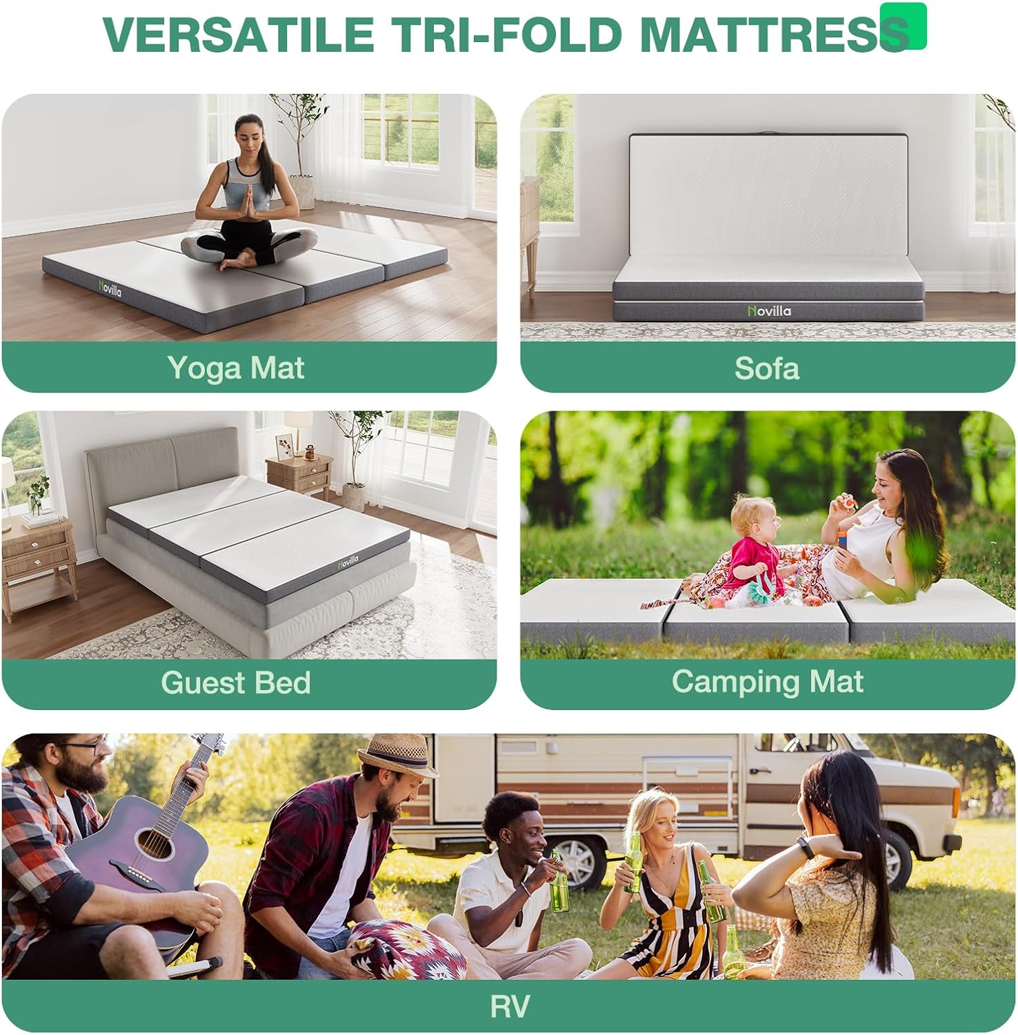 Novilla Tri Fold Mattress Queen, 4 Inch Gel Foam Memory Foam Mattress, Portable Trifold Mattress with Zipped Cover for Yaga, Fodable Mattress, Easy to Storage, Queen Size