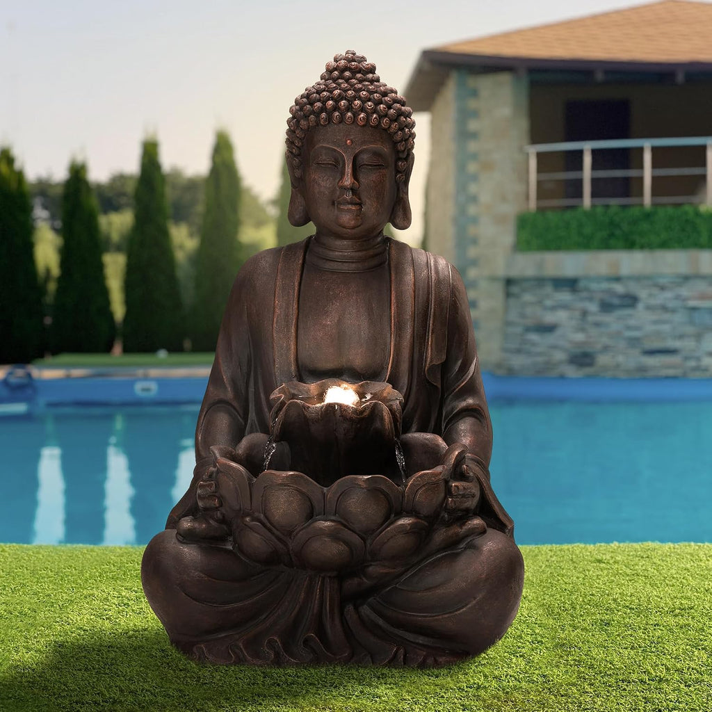 Glitzhome Outdoor Fountain 28' H, Large Zen Style Buddha Waterfall Fountains Indoor Water Fountain with Pump & LED Lights, Freestanding Water Feature Outside Garden Backyard Decor