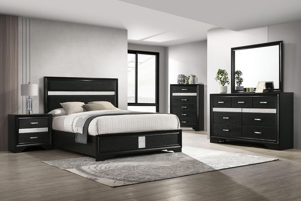 Coaster Home Furnishings Miranda Contemporary 4-Piece Bedroom Set Fabric Upholstered Queen Size Panel Bed Frame 54-inch Headboard Black 206360Q-S4