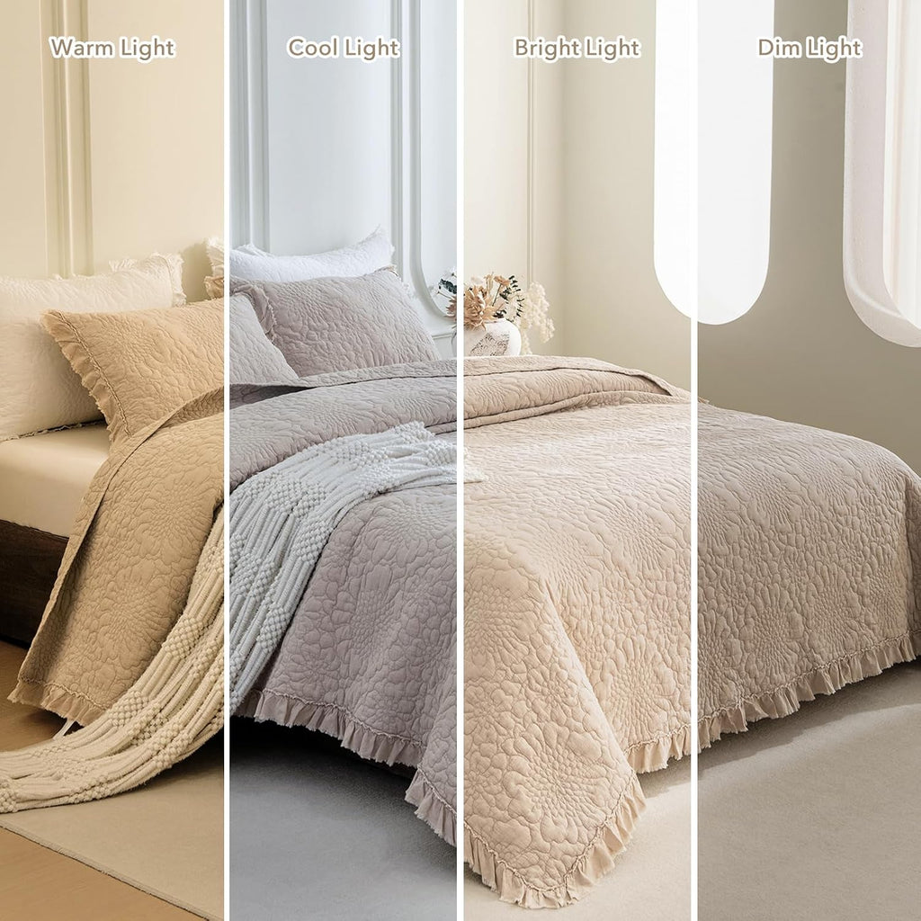 QSH Dark Wheat Stonewashed Cotton Oversized King Quilt Bedspread Set(128'x120'),3PCs Farmhouse Ruffled Bedspread California King,Shabby Soft Lightweight Crinkled Quilt Coverlet Bed with Pillow Shams