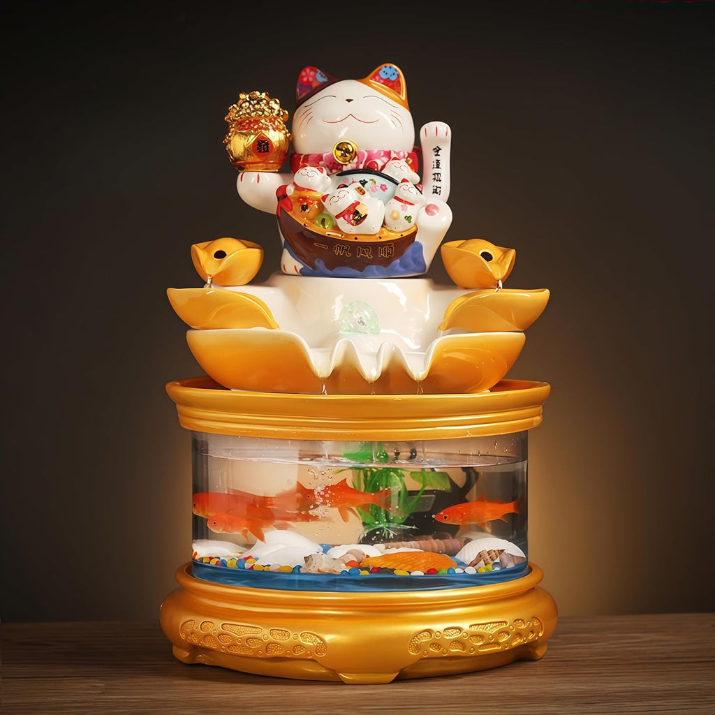 Fish Tank with Maneki Neko, Money Lucky Cat, Tabletop Water Fountain Indoor, Feng Shui Decor & Gifts for Home, Feng Shui Statue, Chinese New Year Decoration, Chinese Decor & Gifts (B)